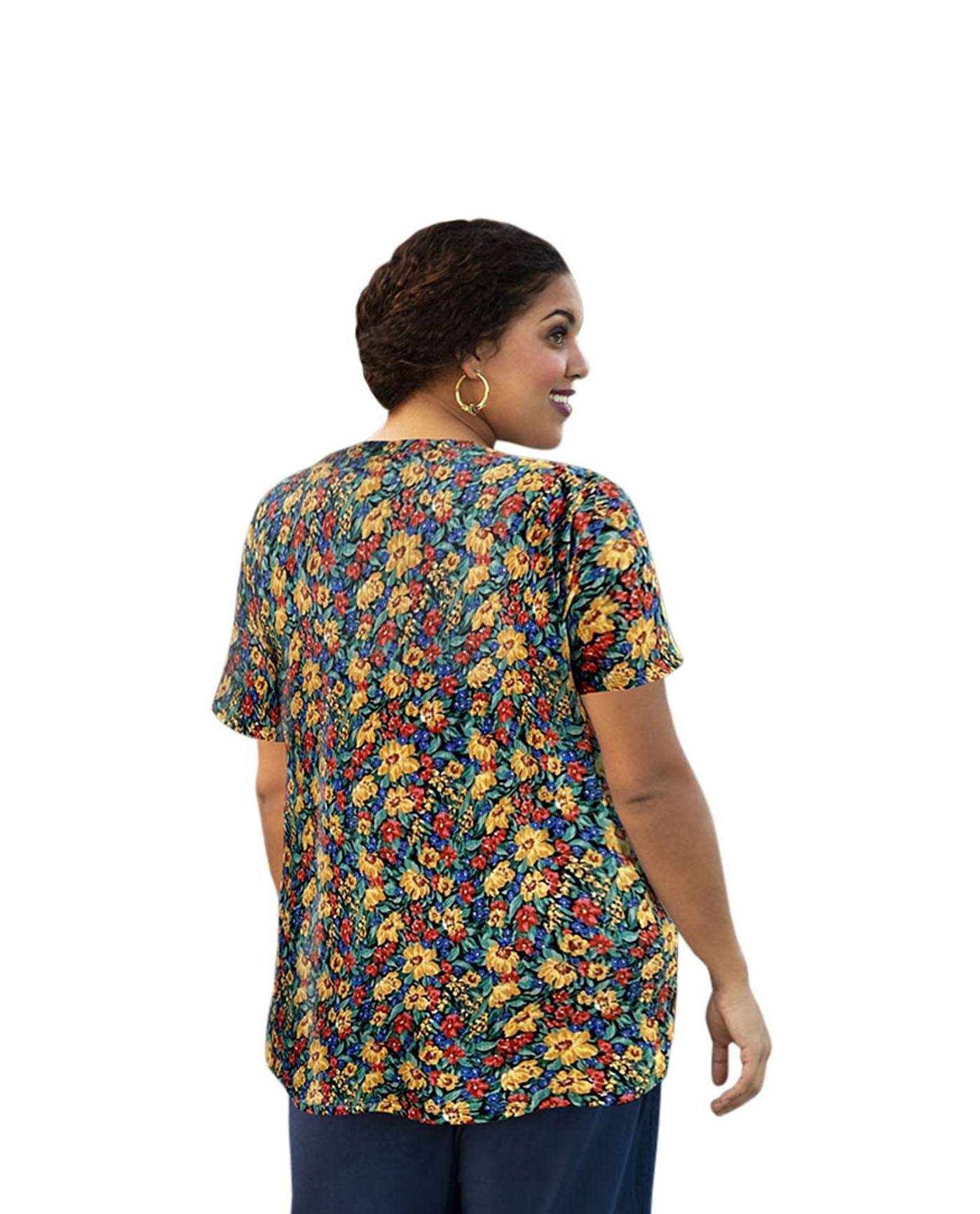 Back of Plus Size Printed Short Sleeve V-Neck Tunic | 277 OTPS Painted Garden