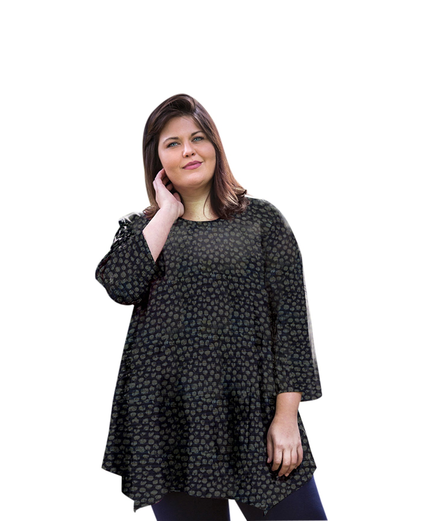 Front of Printed Matsin Plus Size Tunic | 271 OTPS Brushed Dots