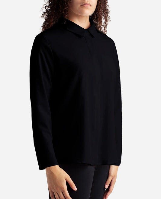 Front View of Danskin Black Button Up Top | DSK BLACK