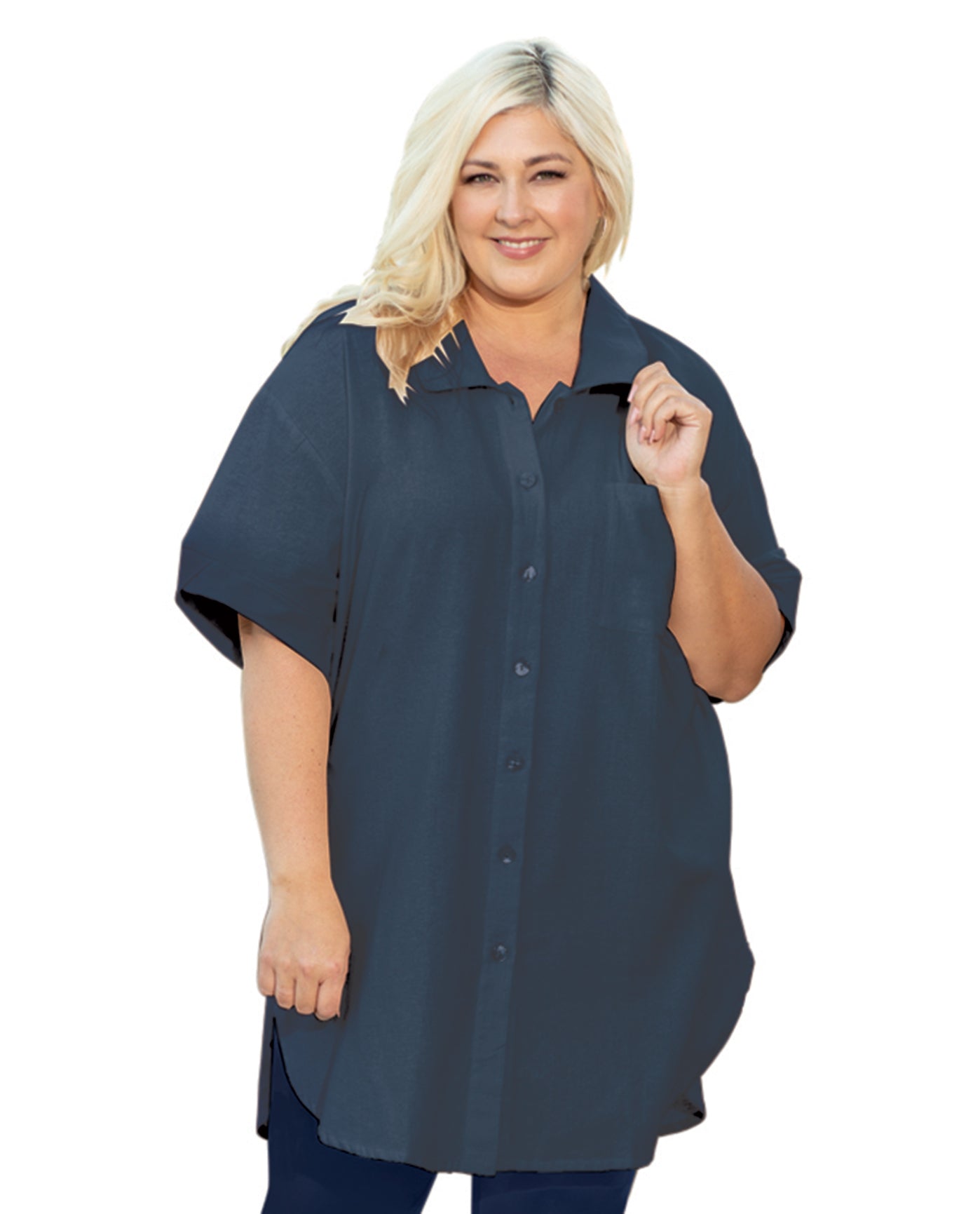 Front View of On The Plus Side Marine Blue Plus Size Crinkle Cotton Short Sleeve Collar Button Up Kendall Tunic | OTPS MARINE BLUE