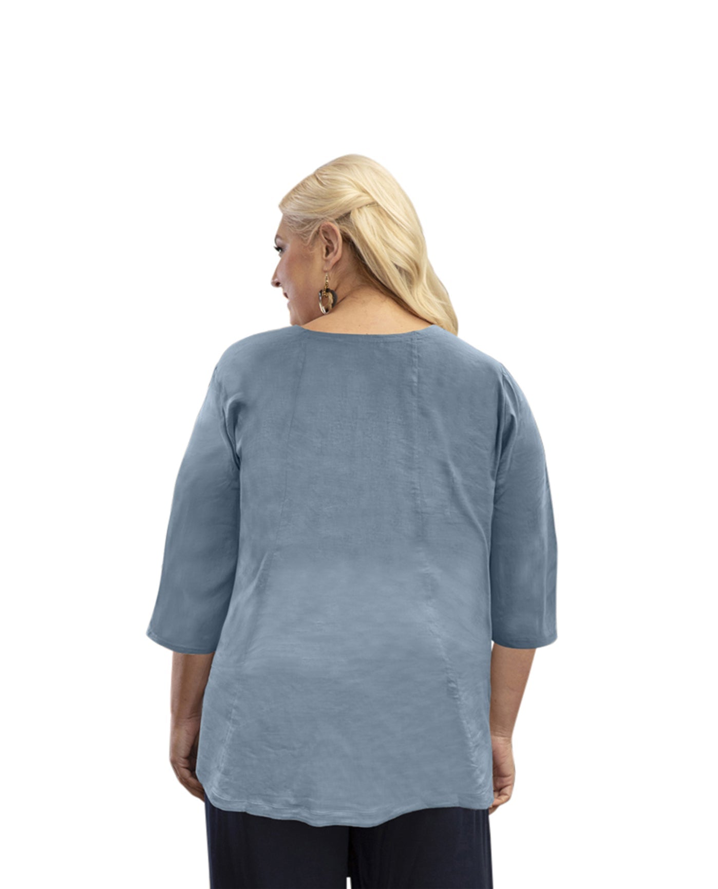 Back of Linen 3/4 Sleeve V-Neck Plus Size Top | 028 OTPS Cerulean Blue