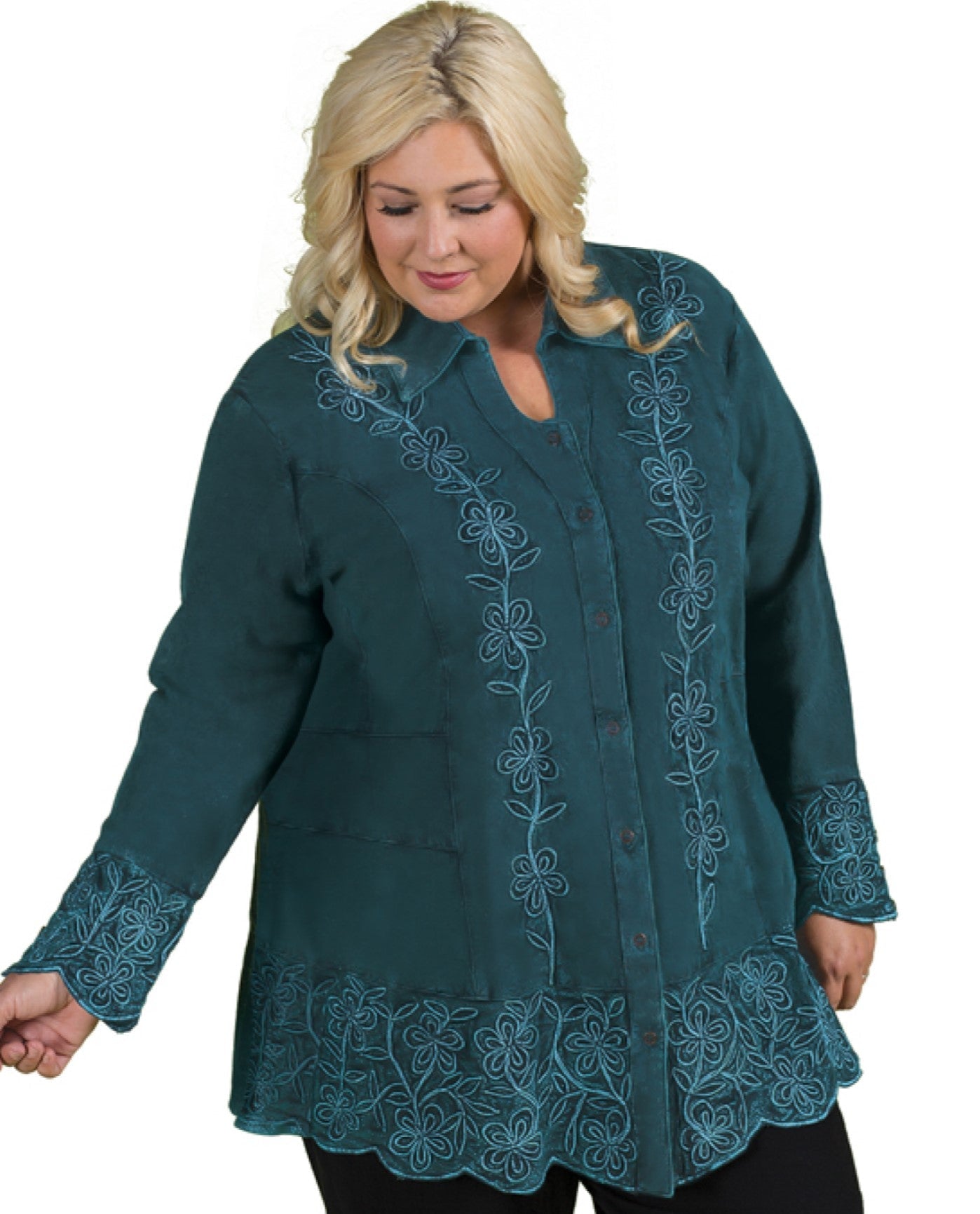 Front View of On The Plus Side Deep Sea 100% Cotton Plus Size Dartmouth Long Sleeve Embroidered Tunic | OTPS DEEP SEA