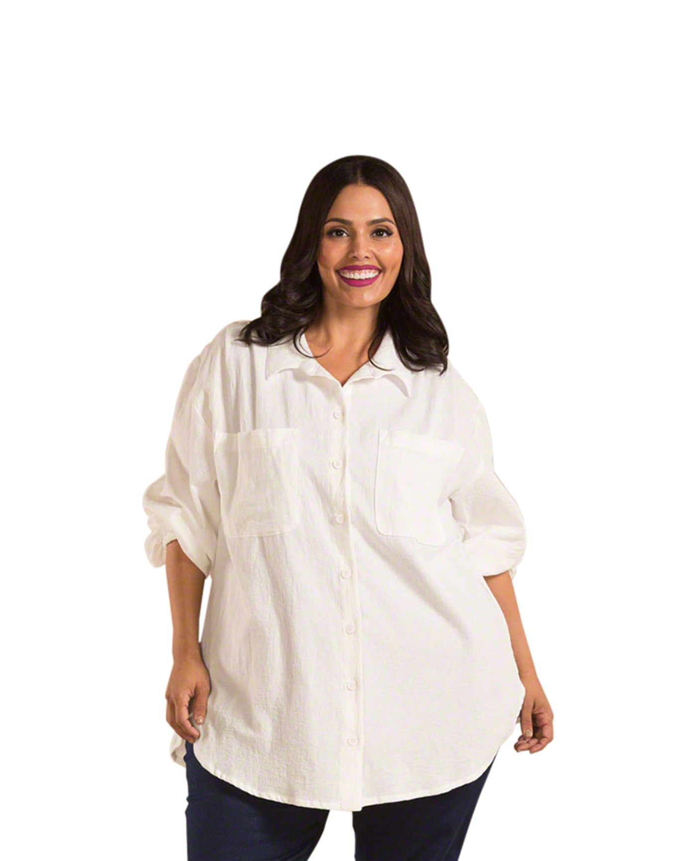Front of Long Sleeve Button Up Plus Size Shirt | WHITE OTPS White