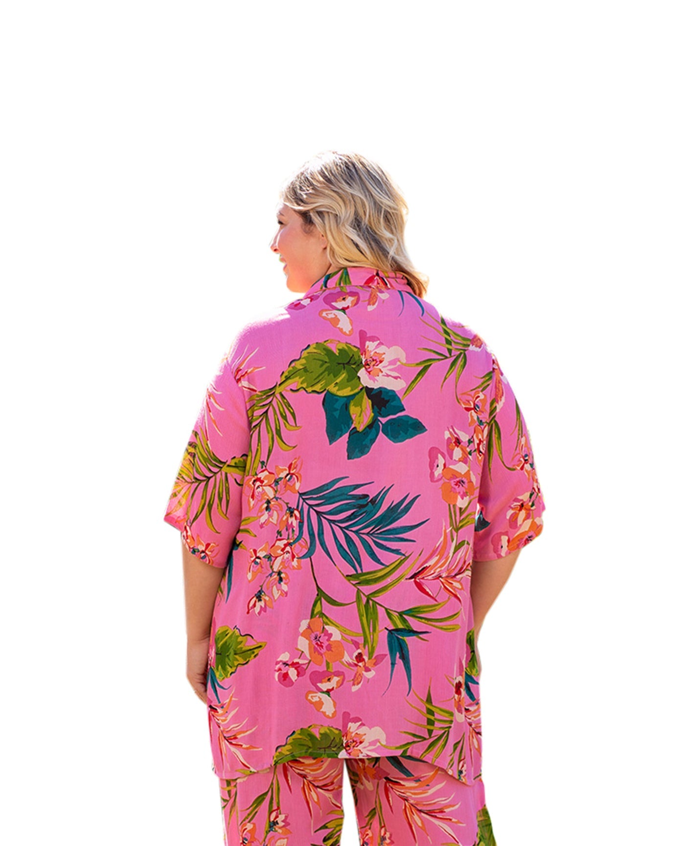 Back of Short Sleeve Ibiza Plus Size Shirt | PPALM OTPS Pink Palms