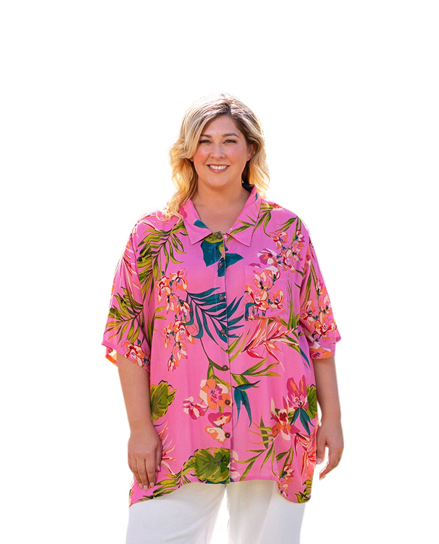 Front of Short Sleeve Ibiza Plus Size Shirt | PPALM OTPS Pink Palms