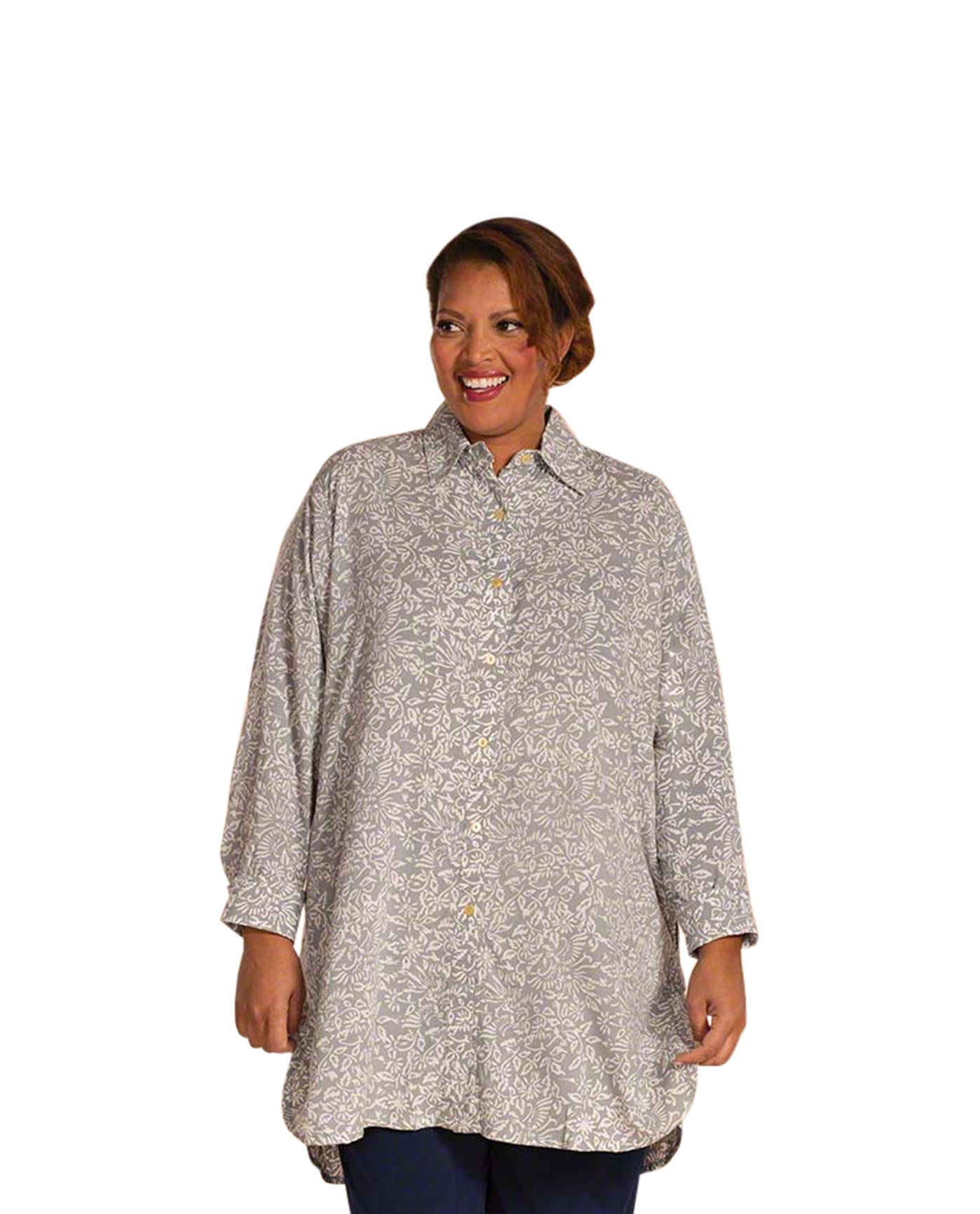 Front of Elettra Oversize Cuffed Plus Size Shirt | GRAY OTPS Gray Ivory Floral