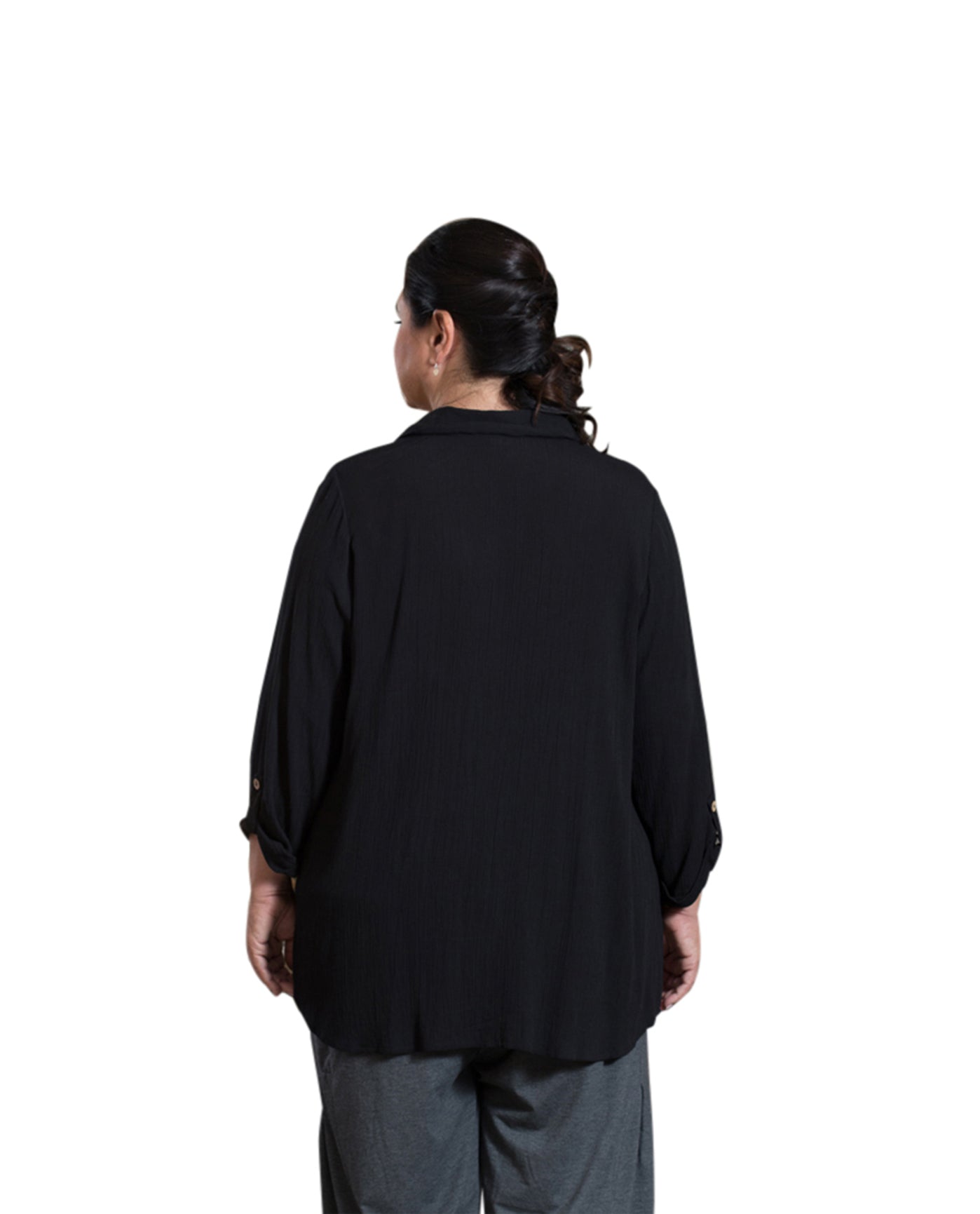 Back of Madison 3/4 Sleeve Plus Size Blouse | BLACK OTPS Black