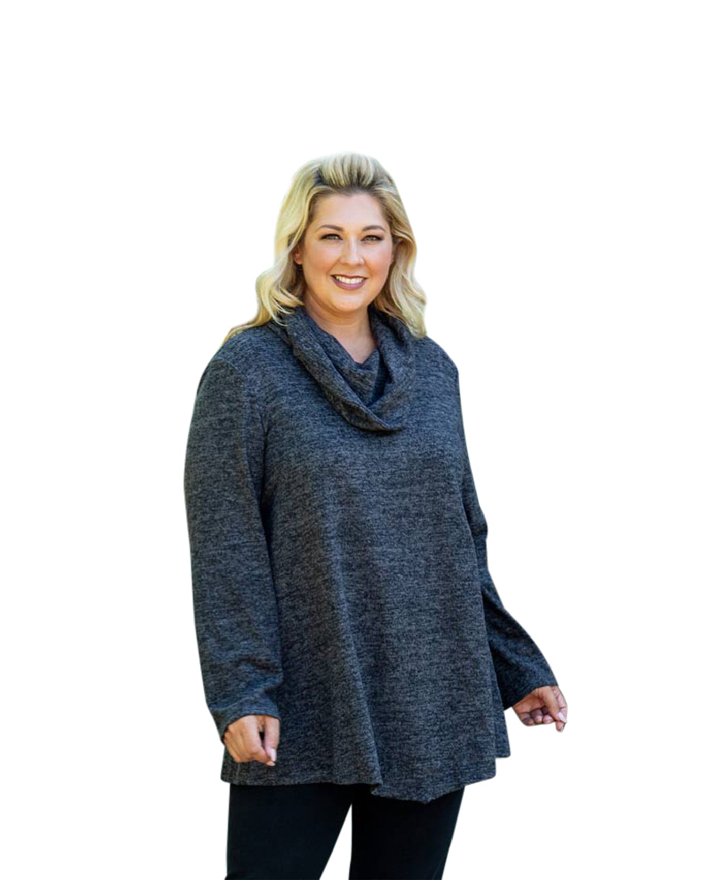 Front of Brushed Hacci Cowl Solid Long Sleeve Plus Size Tunic | BLACK OTPS Heathered Black