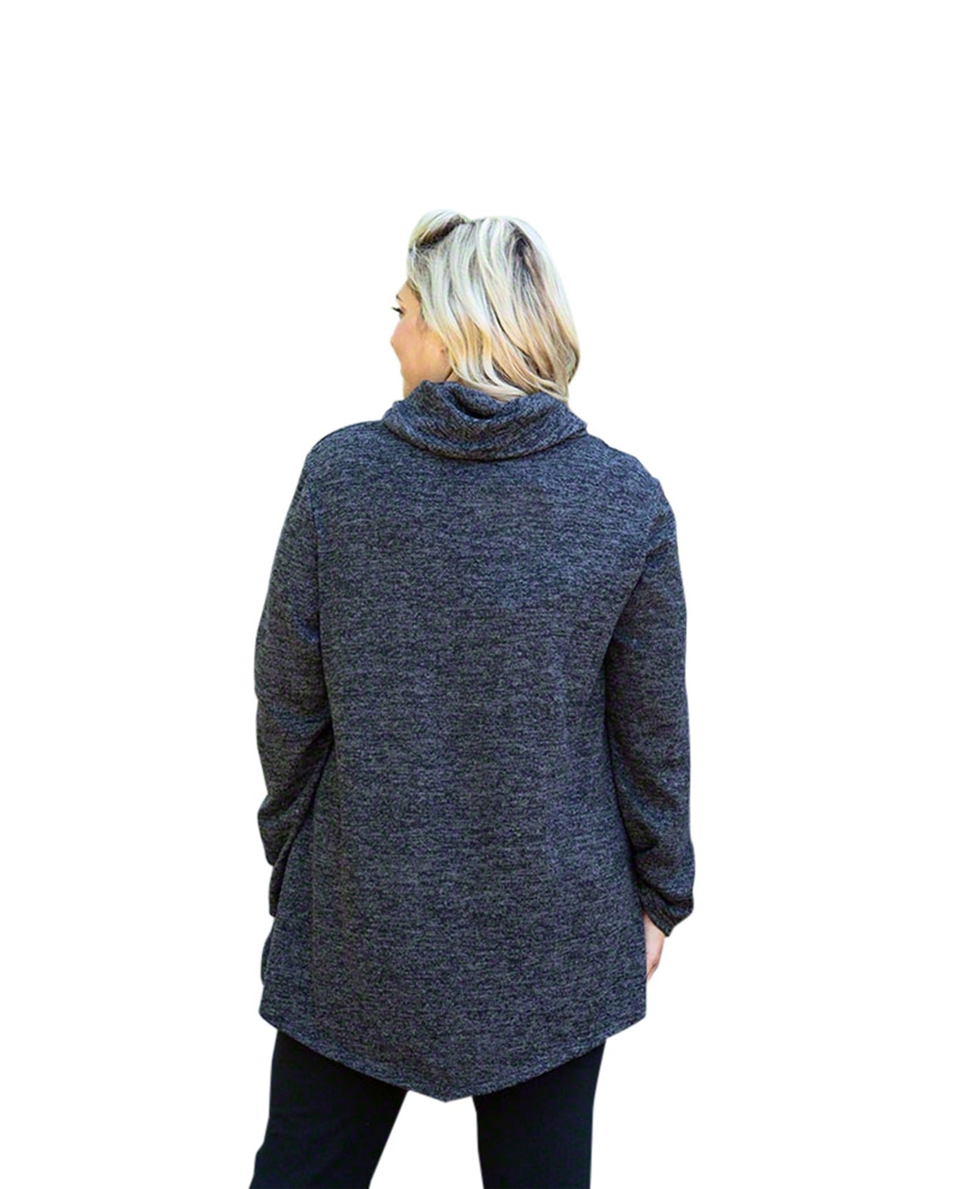 Back of Brushed Hacci Cowl Solid Long Sleeve Plus Size Tunic | BLACK OTPS Heathered Black