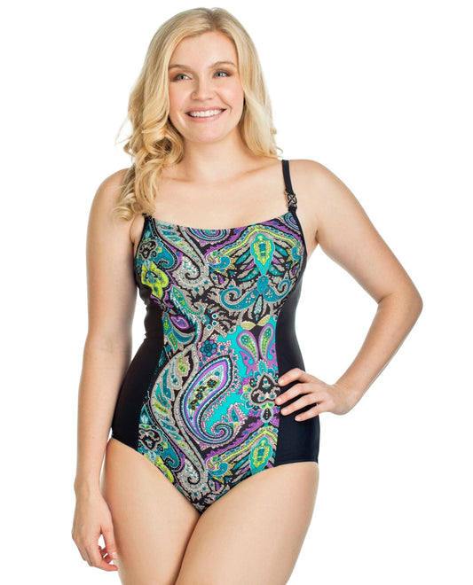 Front View of It Figures Marrakesh Print Insert One Piece Swimsuit | ITF BLACK