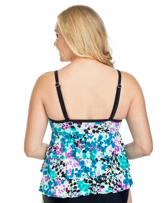 Back View of It Figures Sunny Delight Triple Tier Tankini Top | ITF BLUE