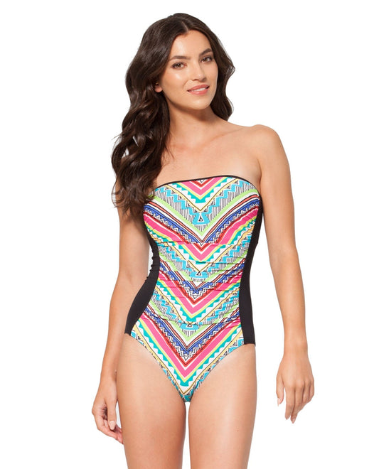 Front View of Anne Cole Ethnic Stripe Spliced Bandeau One Piece Swimsuit | ANN ETHNIC STRIPE