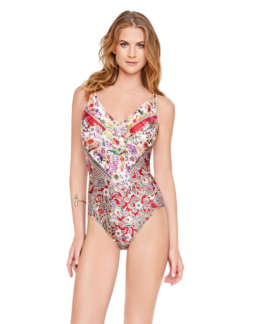 Front View of Gottex Shiraz V-Neck One Piece Swimsuit | GOT SHIRAZ
