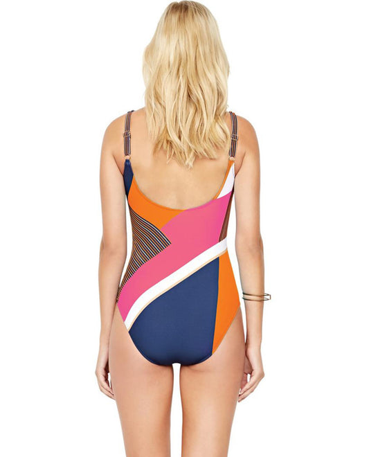 Back View of Gottex Maritime Orange Full Coverage Square Neck One Piece Swimsuit