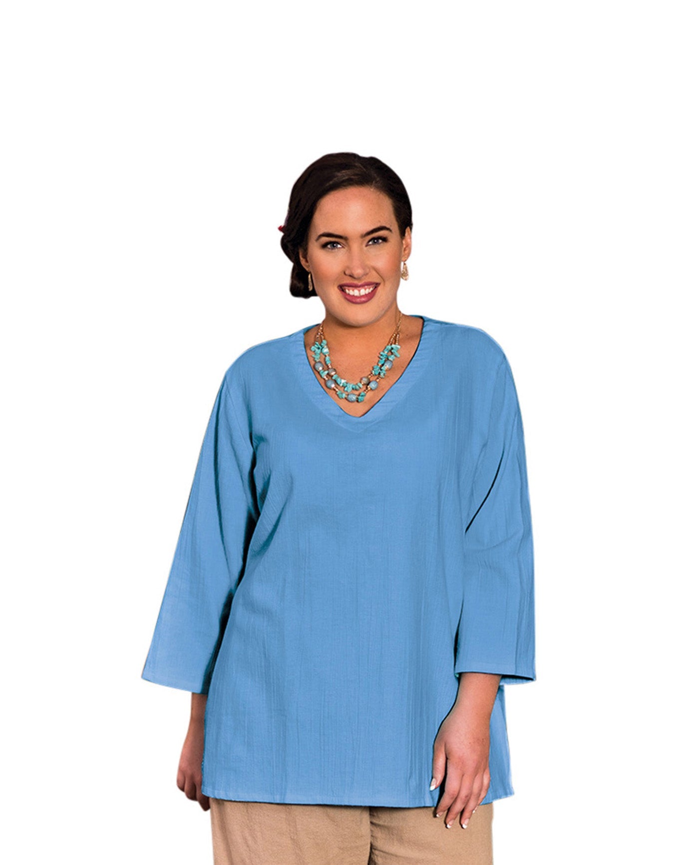 Front of Crinkle Cotton Long Sleeve Plus Size Tunic | VISTA OTPS Vista