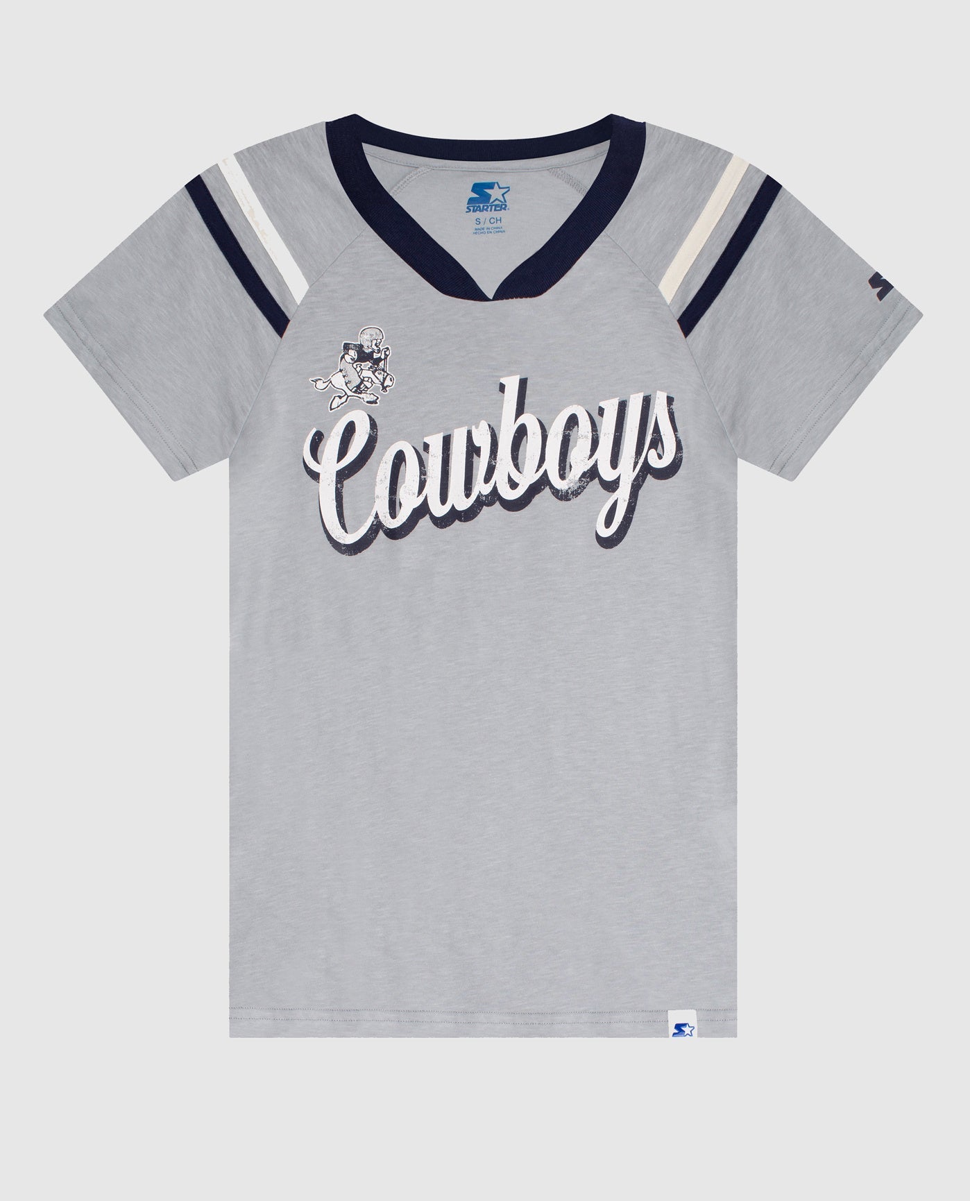 Front View of Starter Grey Womens Dallas Cowboys V-Neck Striped Sleeve Starter Shirt | STR DALLAS COWBOYS GREY