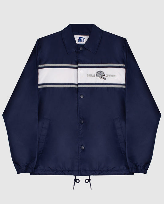 Front View of Starter Navy Dallas Cowboys Snap-Front Collared Chest Stripe Starter Jacket | STR DALLAS COWBOYS NAVY