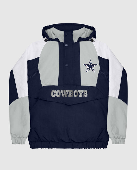 Front View of Starter Navy Dallas Cowboys Hooded Nylon Half-Zip Starter Jacket | STR DALLAS COWBOYS NAVY