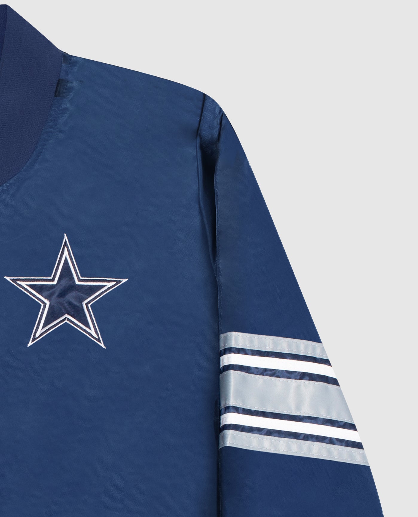 Detail View of Starter Navy Womens Dallas Cowboys Snap-Front Striped Sleeve Starter Jacket | STR DALLAS COWBOYS NAVY
