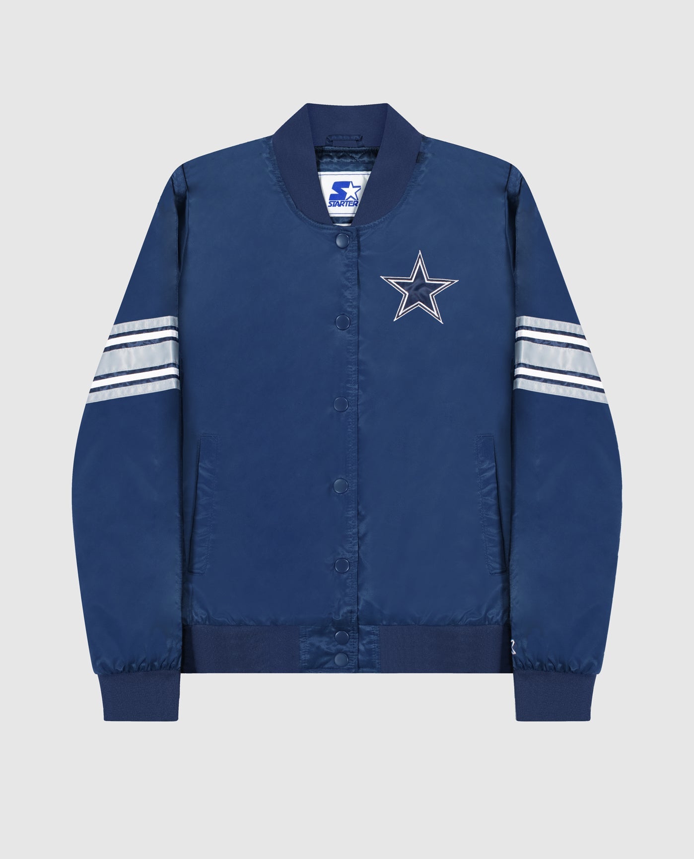 Front View of Starter Navy Womens Dallas Cowboys Snap-Front Striped Sleeve Starter Jacket | STR DALLAS COWBOYS NAVY