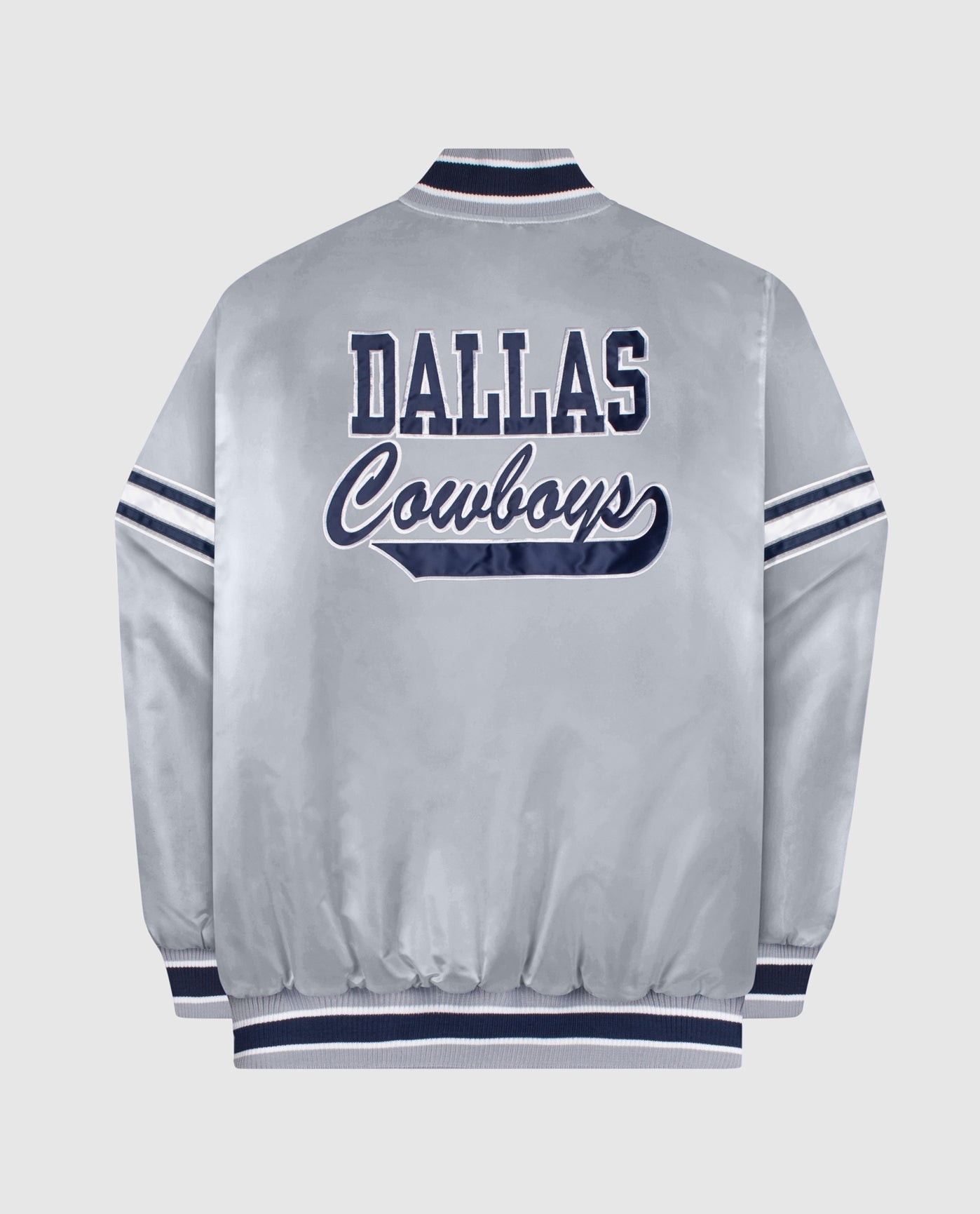 Back View of Starter Grey Dallas Cowboys Satin Full-Snap Starter Jacket | STR DALLAS COWBOYS GREY