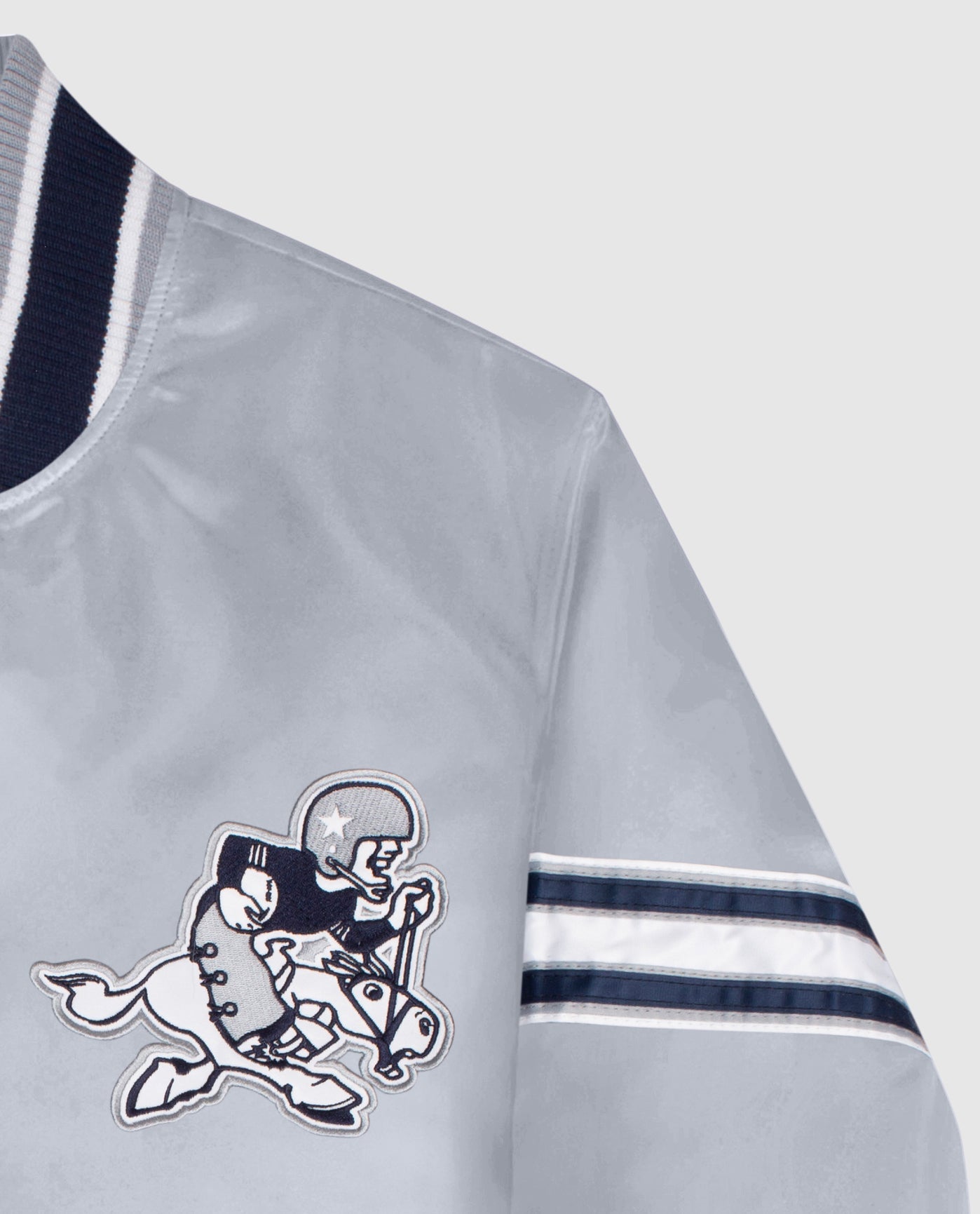 Detail View of Starter Grey Dallas Cowboys Satin Full-Snap Starter Jacket | STR DALLAS COWBOYS GREY