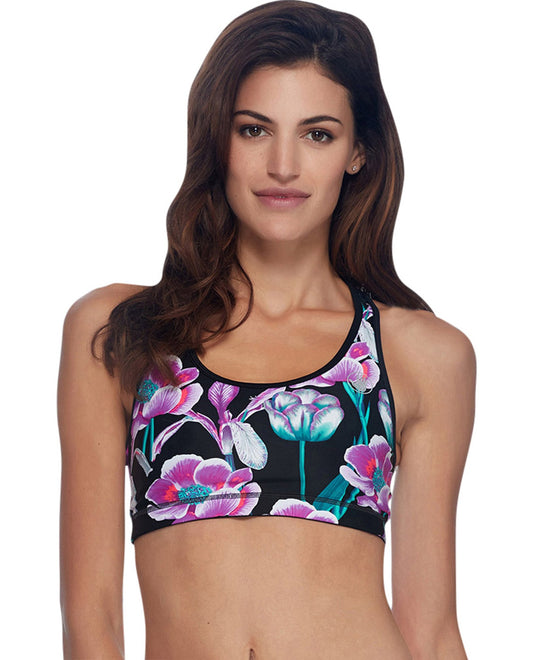 Front View of Body Glove Sport Oria Chameleon Reversible Medium Impact Sports Bra | BGS BLACK