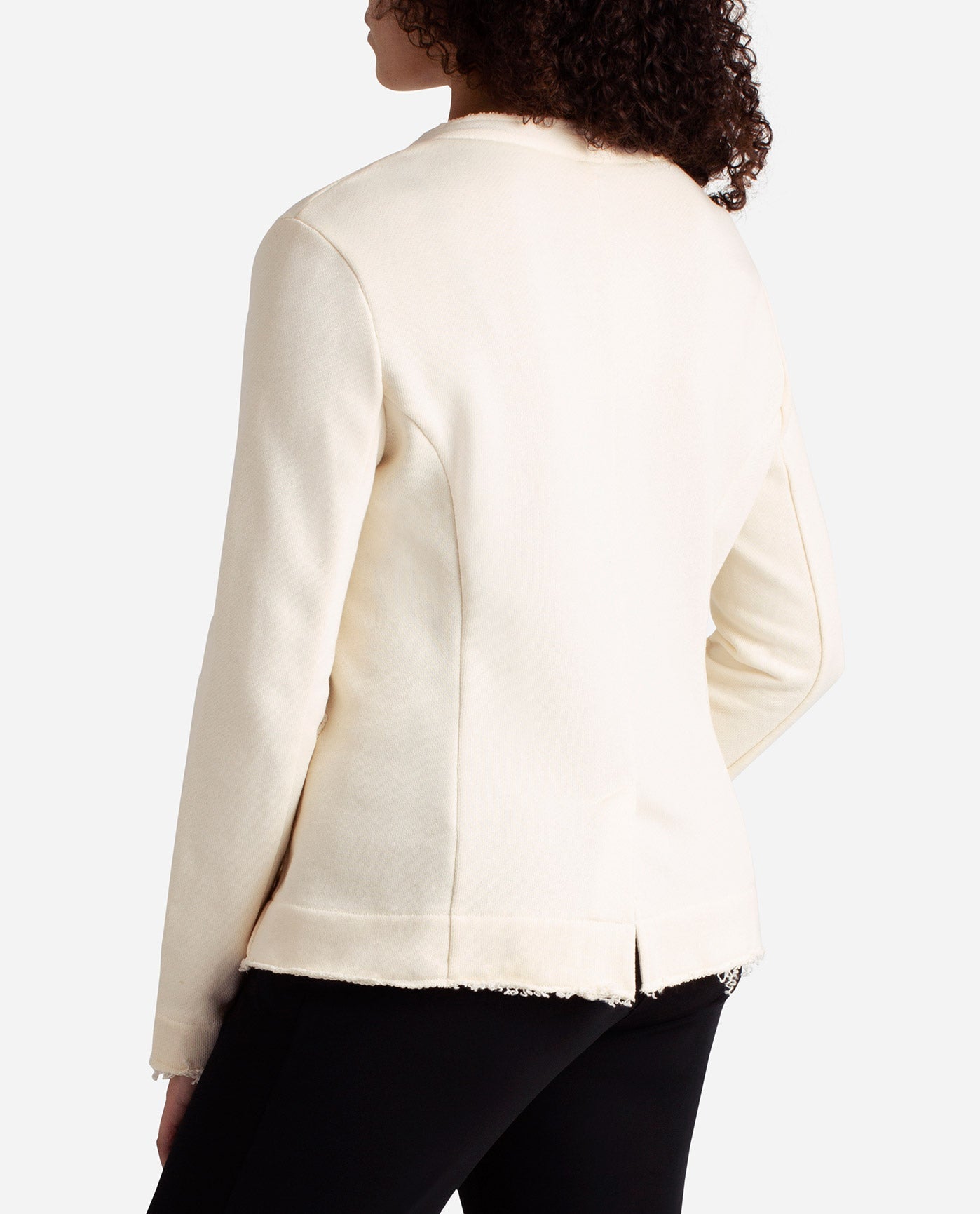 Back View Of Danskin Birch Frayed Edge Open Jacket | DSK BIRCH