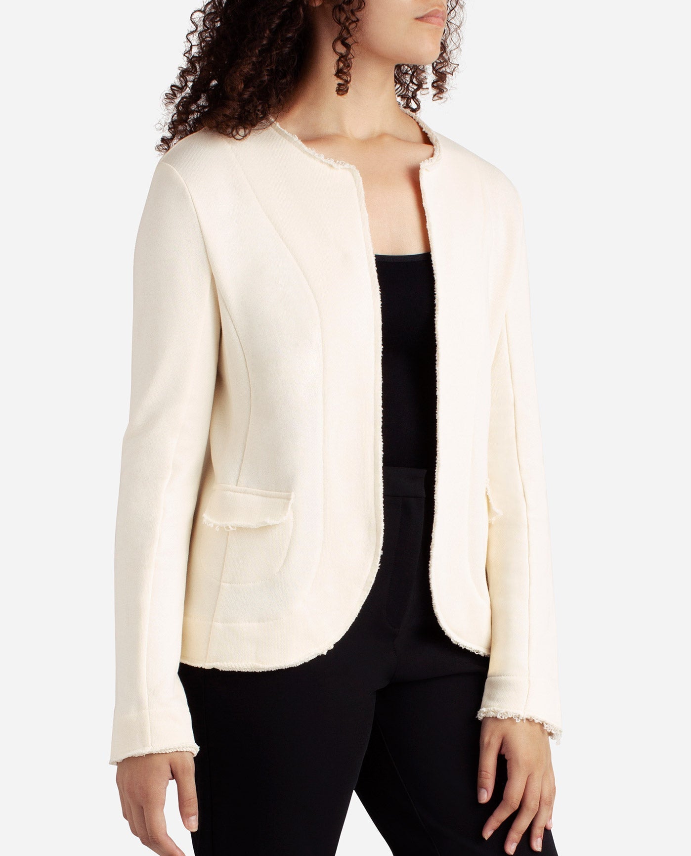 Front View Of Danskin Birch Frayed Edge Open Jacket | DSK BIRCH