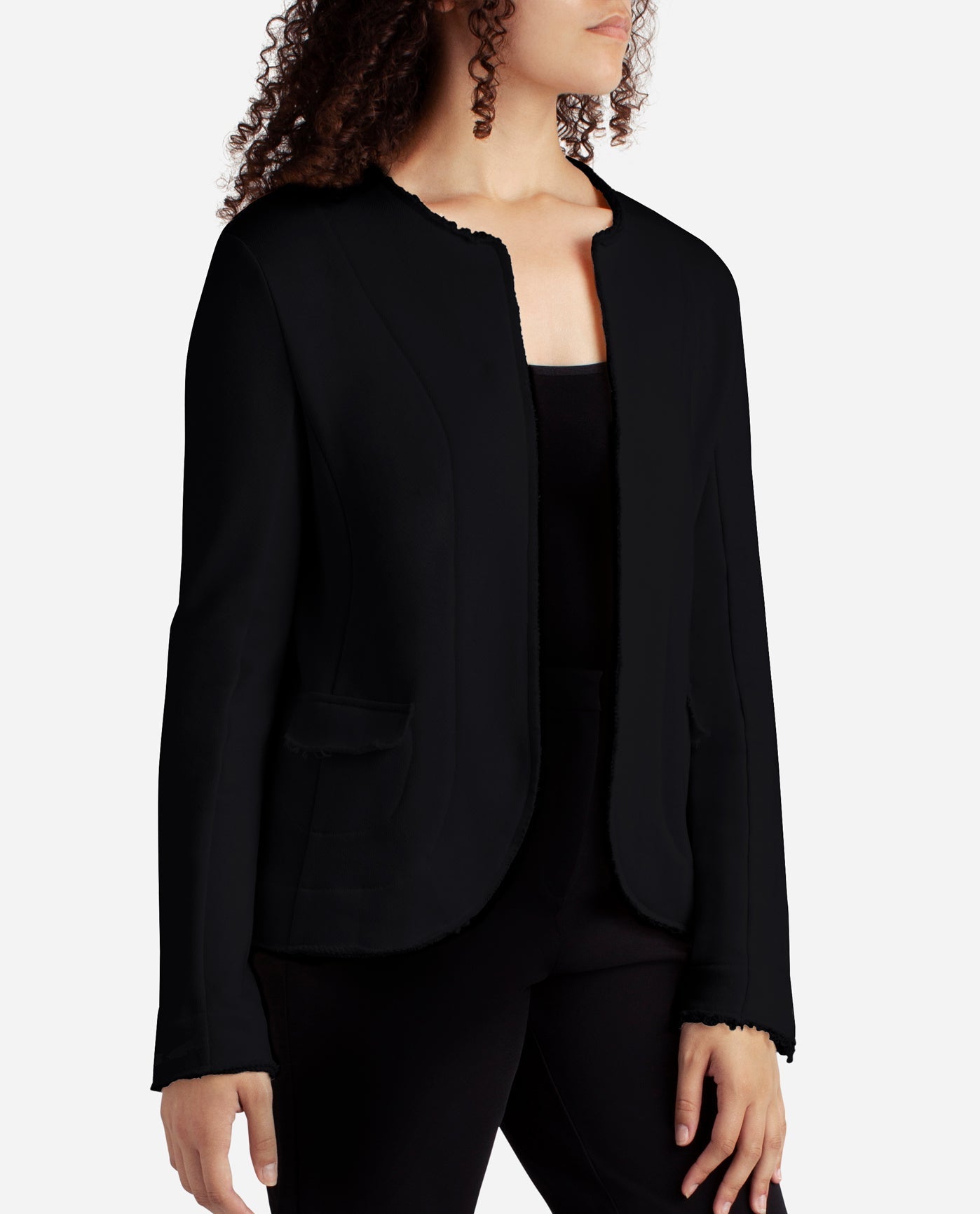 Front View Of Danskin Black Frayed Edge Open Jacket | DSK BLACK