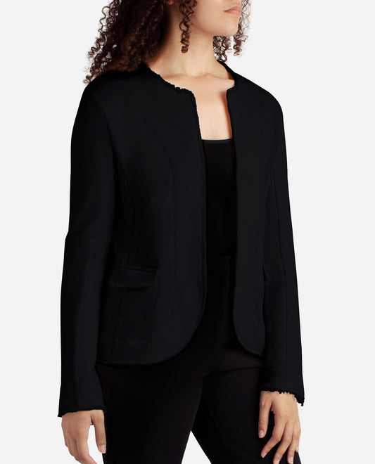 Front View Of Danskin Black Frayed Edge Open Jacket | DSK BLACK