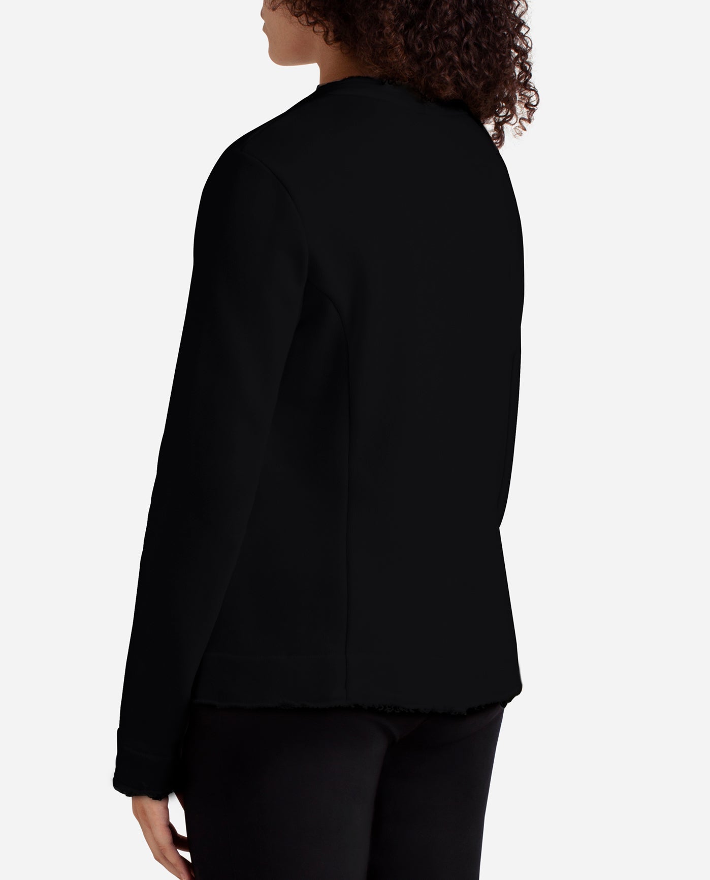 Back View Of Danskin Black Frayed Edge Open Jacket | DSK BLACK
