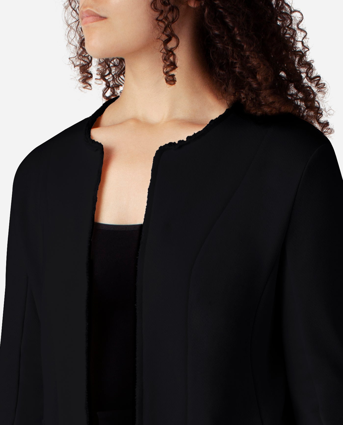 Detail View Of Danskin Black Frayed Edge Open Jacket | DSK BLACK