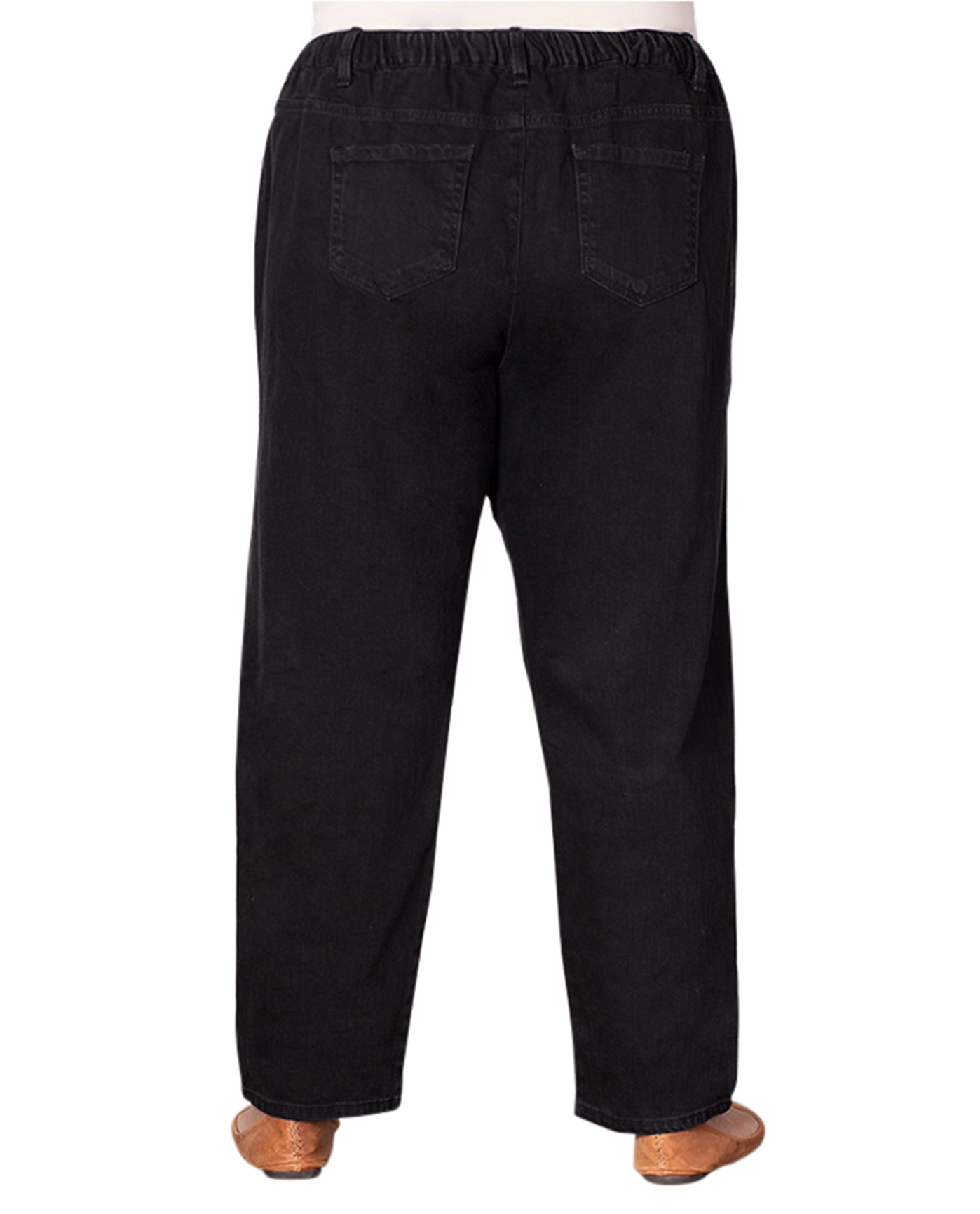 Back View of On The Plus Side Black Denim Five Pocket Relaxed Fit Jeans | OTPS BLACK