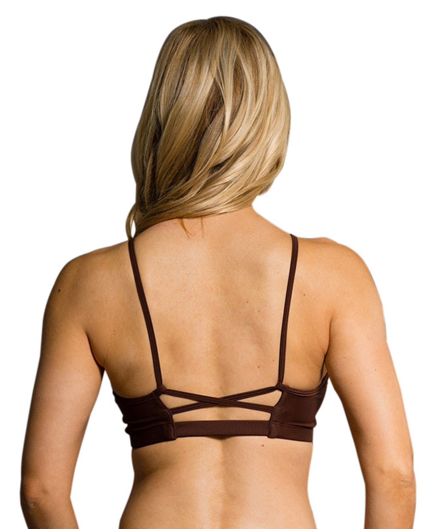 Back View of Onzie Chocolate Spirit Low Impact Sports Bra | ONZ CHOCOLATE