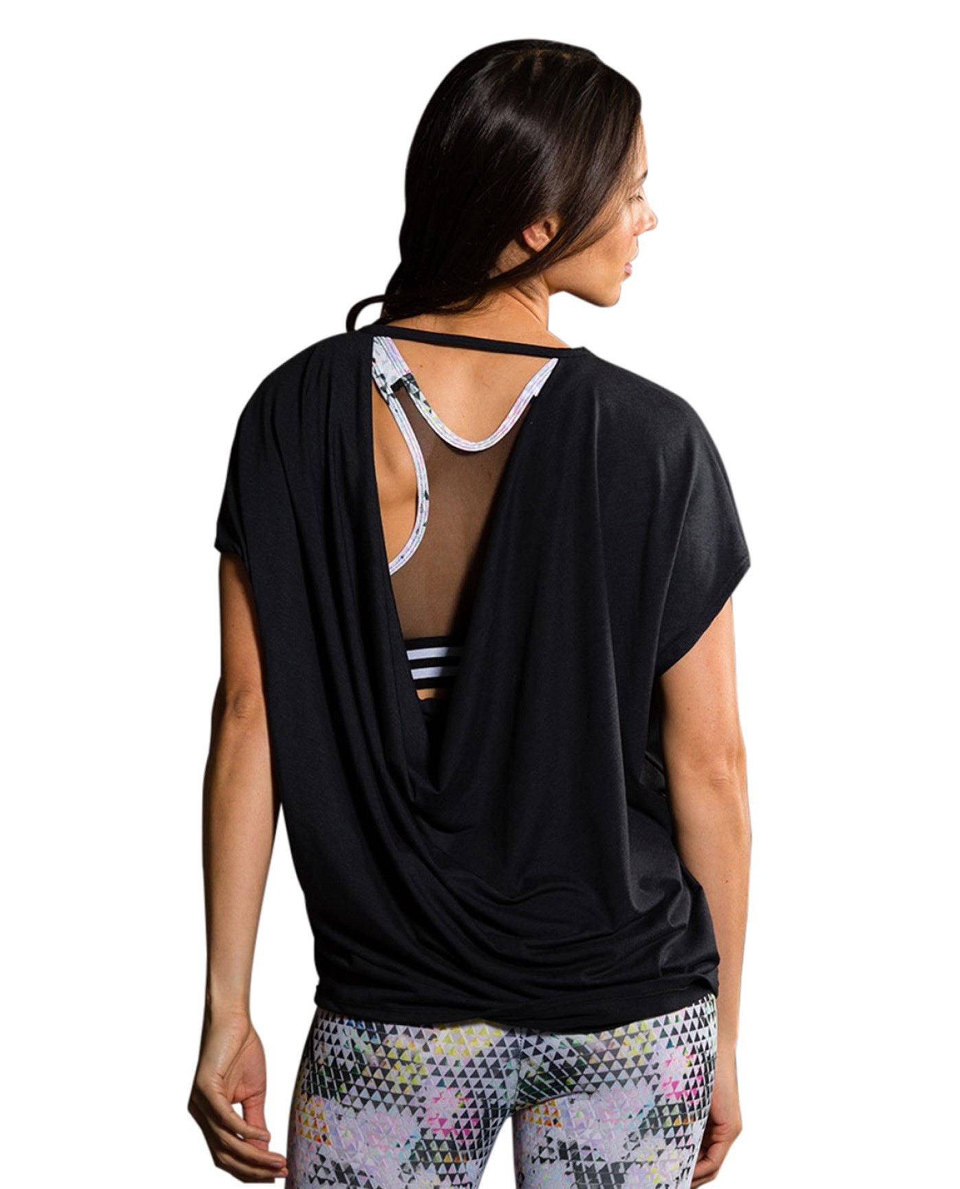 Back View of Onzie Black Short Sleeve Drop Back Top | ONZ BLACK