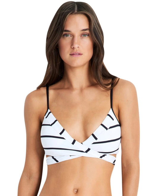Front View of Seafolly Castaway Stripe Wrap Front Bikini Top | SEA WHITE