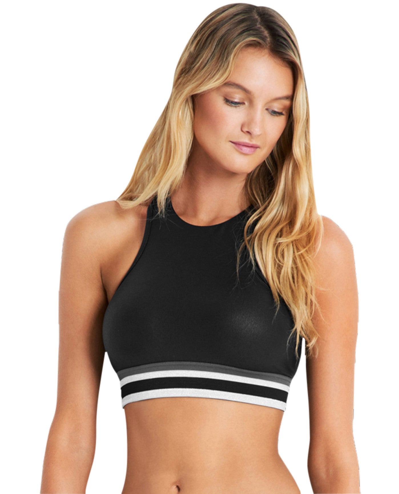 Front View of Seafolly Black High Neck Low Impact Sports Bra | SEA BLACK