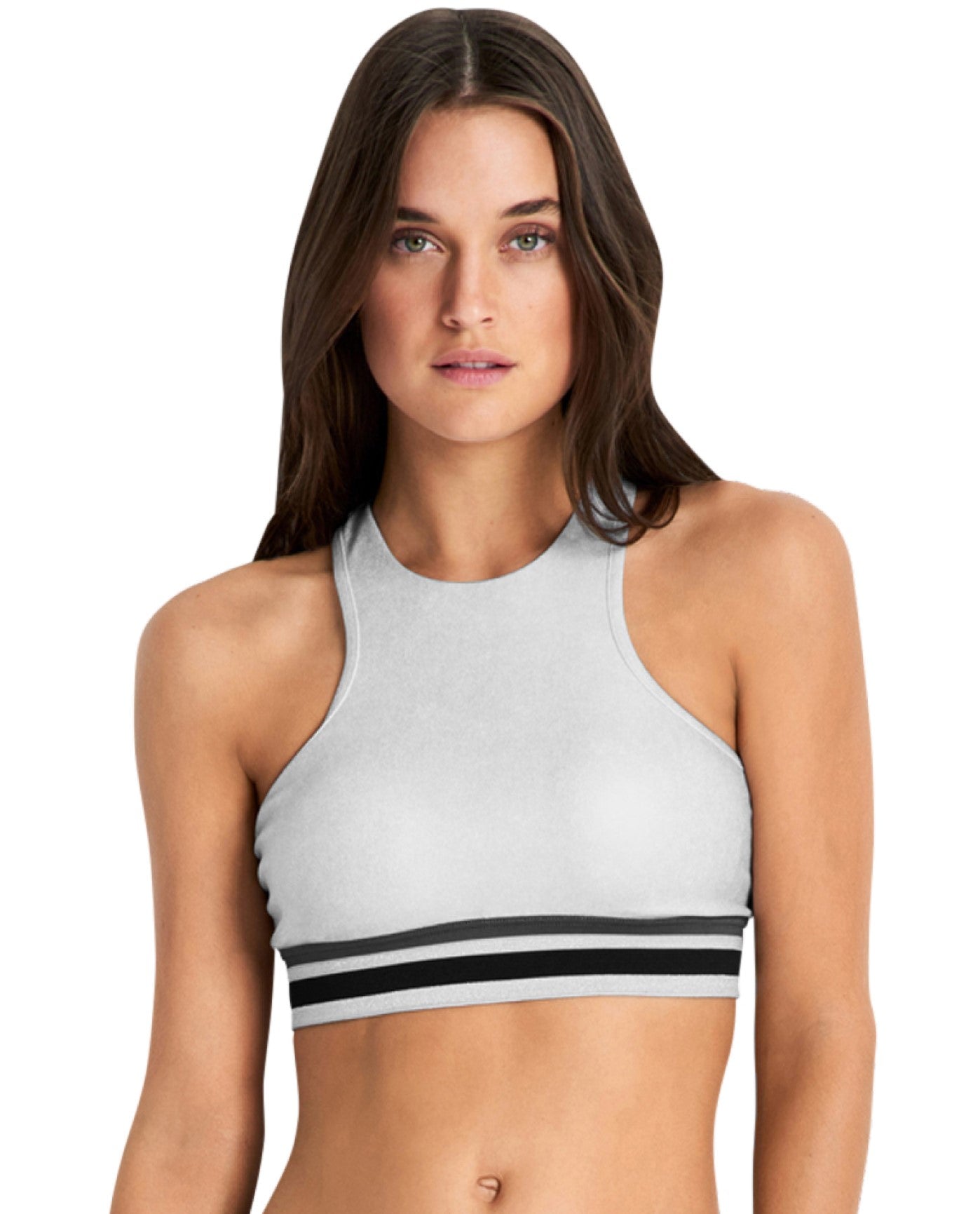 Front View of Seafolly Silver High Neck Low Impact Sports Bra | SEA SILVER