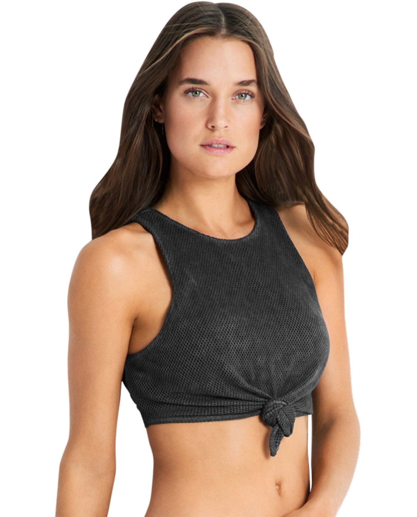 Front View of Seafolly Charcoal Mesh Tie Front Crop Top | SEA CHARCOAL