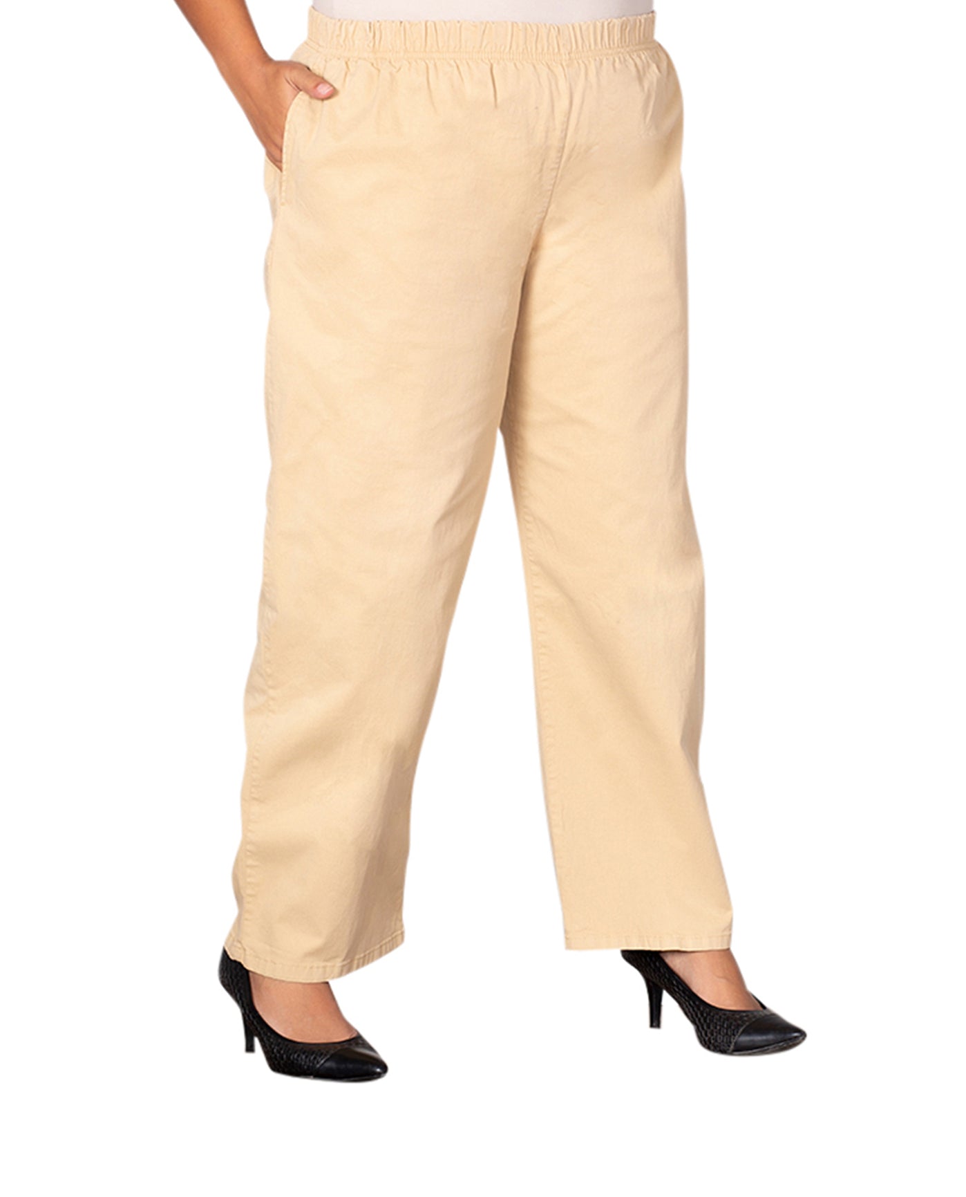 Front of Wide Leg Stretch Twill Plus Size Pants | TAN OTPS Tan