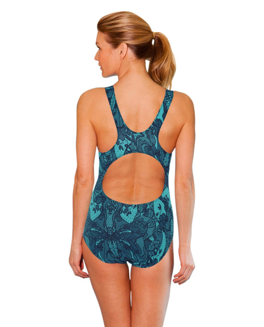 Back View of Dolfin Plus Size Lacey Teal Chlorine Resistant Moderate Lap One Piece Swimsuit | DOL LACEY TEAL