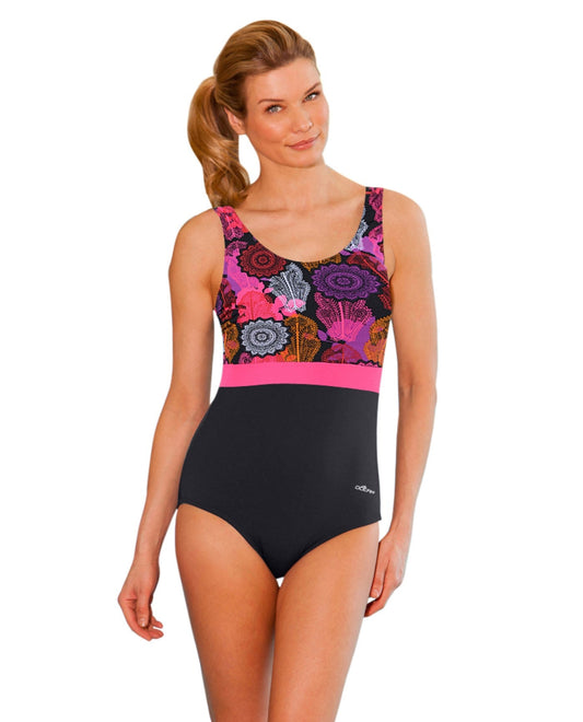Front View of Dolfin Madrid Pink Block Chlorine Resistant Scoop Back One Piece Swimsuit | DOL MADRID PINK
