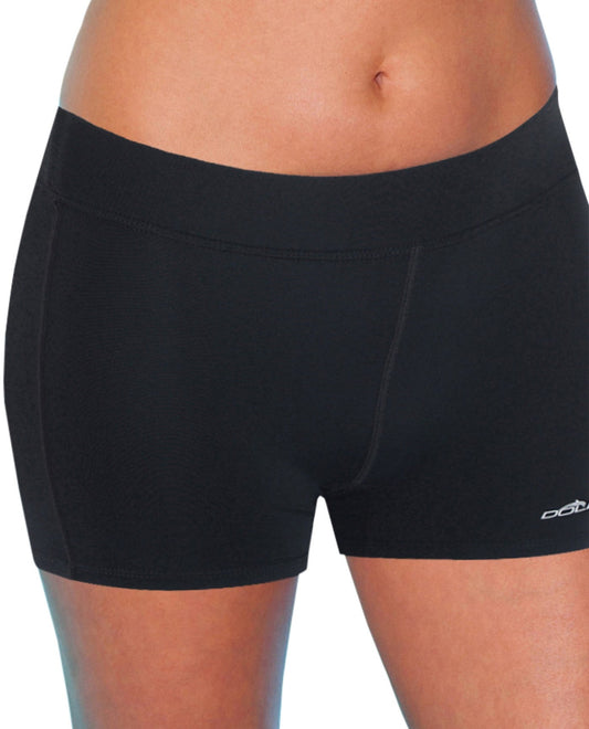 Front View of Dolfin Black Chlorine Resistant Fitted Short Swim Bottom | DOL BLACK