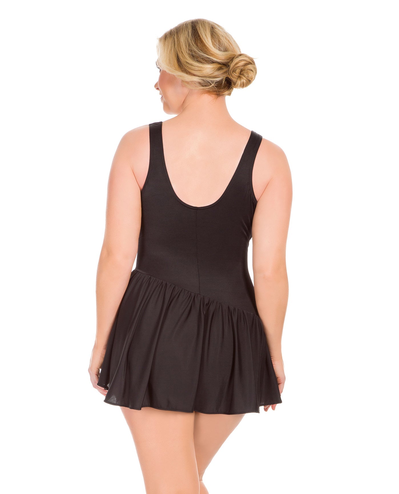 Back View of Miraclesuit Black Plus Size Aurora Underwire Swimdress | MIR BLACK