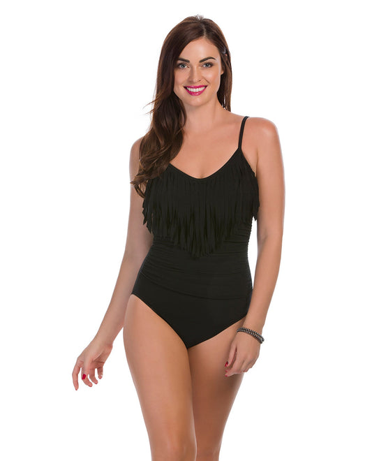 Front View of Magicsuit Black Blaire Underwire Fringe One Piece Swimsuit | MAG BLACK