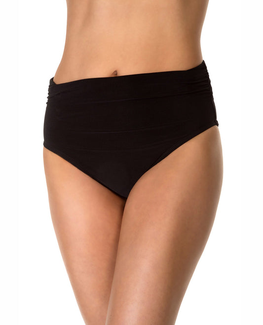 Front View of Magicsuit Black Shirred Jersey Brief Swim Bottom | MAG BLACK
