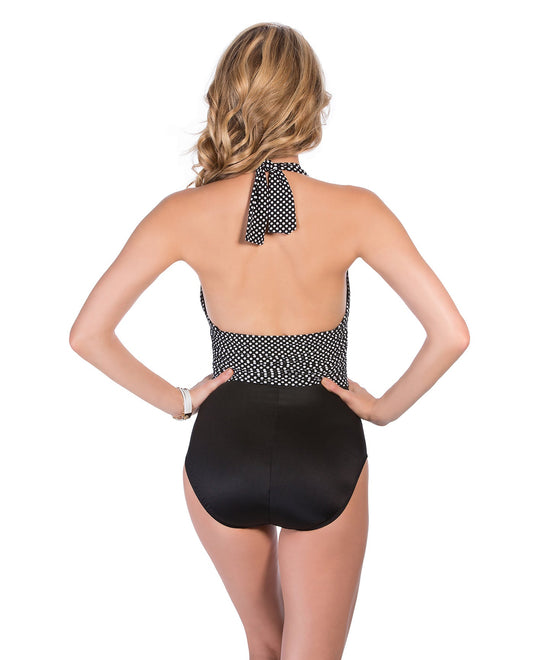 Back View of Magicsuit Spot On Yves Plunge Halter One Piece Swimsuit | MAG BLACK AND WHITE