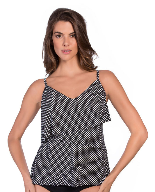 Front View of Magicsuit Spot On Chloe Tankini Top | MAG BLACK AND WHITE