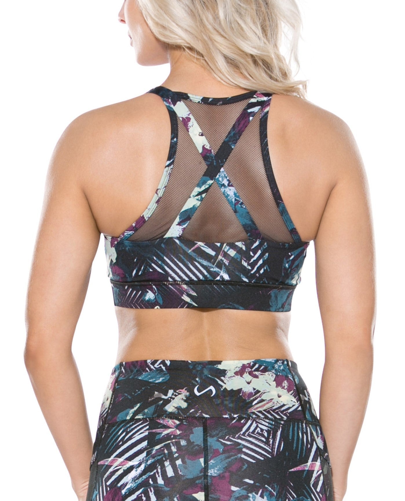 Back View of Tlf Apparel Muse Paradise Mesh Overlay Luna Low Impact Sports Bra | TLF BLACK